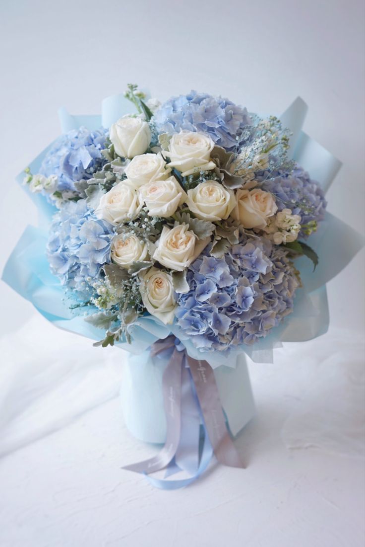Blue Hydrangea & White Rose Bouquet - FlowerStop LA