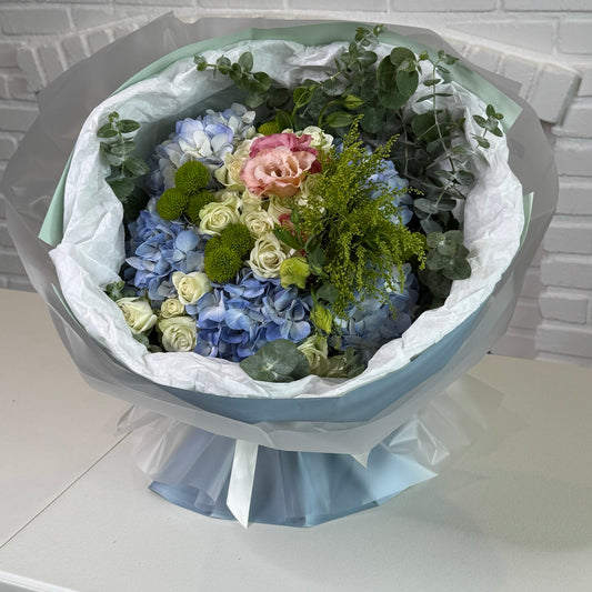 Blue Hydrangea & Rose Garden Bouquet - FlowerStop LA