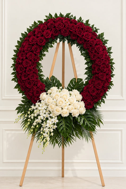 A large floral wreath displayed on a wooden stand against a white paneled wall. The wreath is composed of deep red roses on the upper half, white roses on the lower center, and green foliage throughout, including monstera leaves and palm fronds.