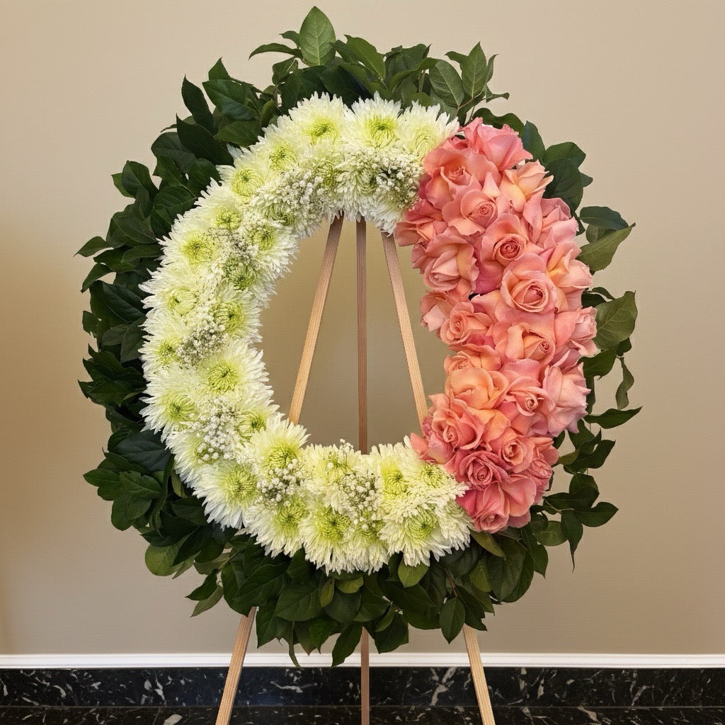 Gentle Farewell Peach & White Wreath - FlowerStop LA