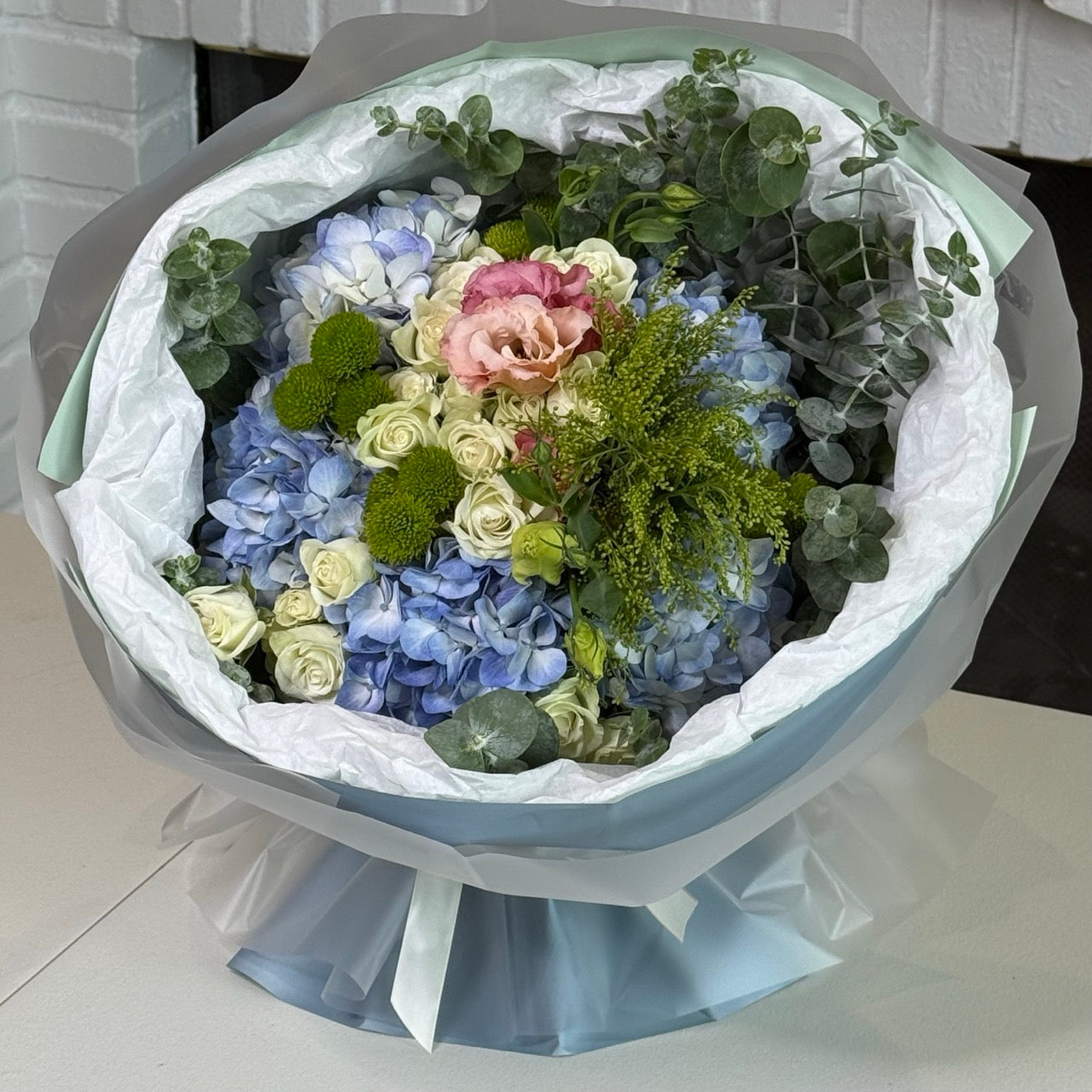 Blue Hydrangea & Rose Garden Bouquet - FlowerStop LA