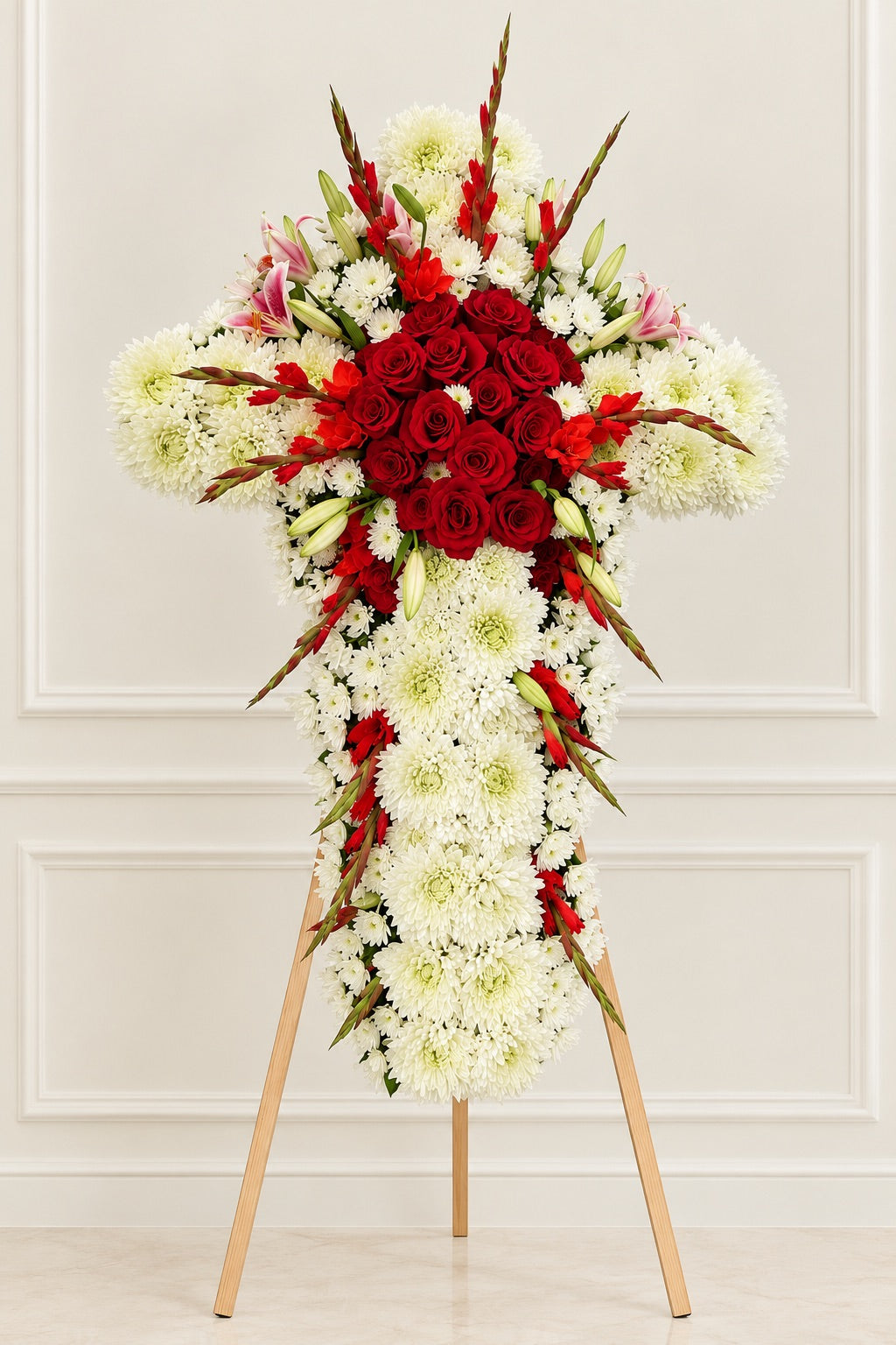 White chrysanthemum funeral cross with red roses, red gladiolus, and pink stargazer lilies on a standing easel