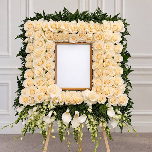 A square floral photo frame stand decorated with cream and pale yellow roses, green foliage, white calla lilies, and a small gold-toned frame in the center, displayed on a wooden stand against a white paneled wall.